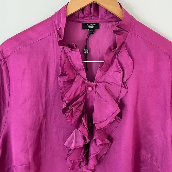 Talbots Women's Silk Cotton Blend Ruffle Neckline Blouse Magenta Size 20 NWOT - Picture 3 of 7